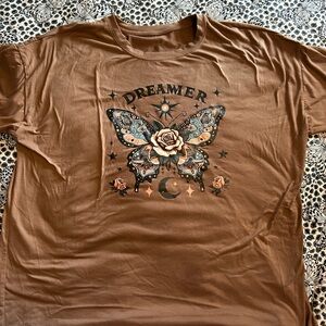 Dreamer Butterfly Rose Graphic Tee - Brown